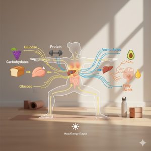 tạo ảnh minh họa cho bài "Cơ Chế Năng Lượng Của Cơ Thể Khi Tập Yoga: Carbs, Protein, Fat Được Sử Dụng Ra Sao?